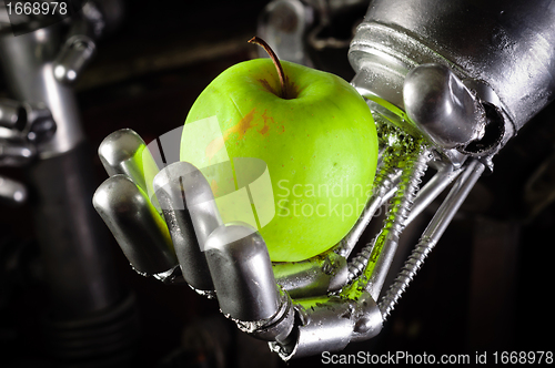 Image of A robot hand holding a fresh apple