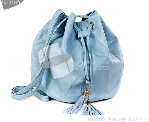Image of blue leather handbag fashionable women