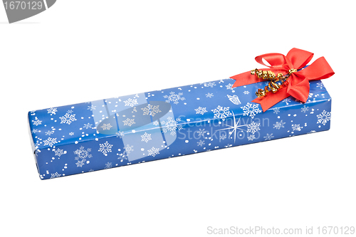 Image of blue box, a gift with a red bow