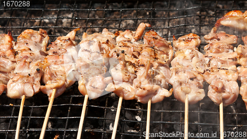 Image of raw kebabs on the grate for grilling