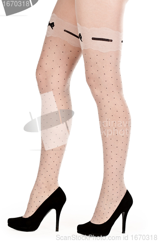 Image of shapely female legs in pantyhose and shoes