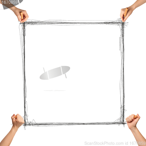 Image of human hand with sewed and frame
