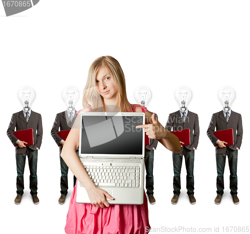 Image of woman and lamp head businesspeople with laptop