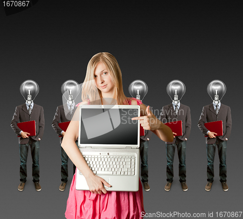 Image of woman and lamp head businesspeople with laptop