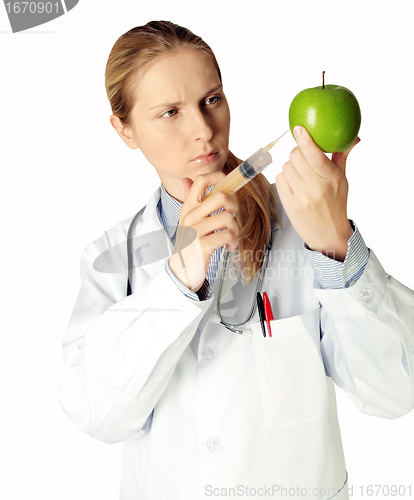 Image of scientist woman with apple