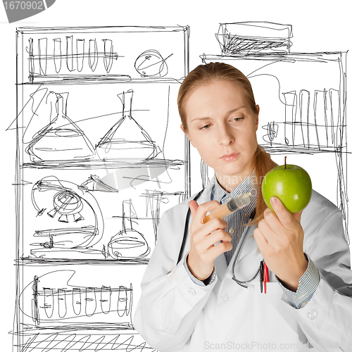 Image of scientist woman with apple
