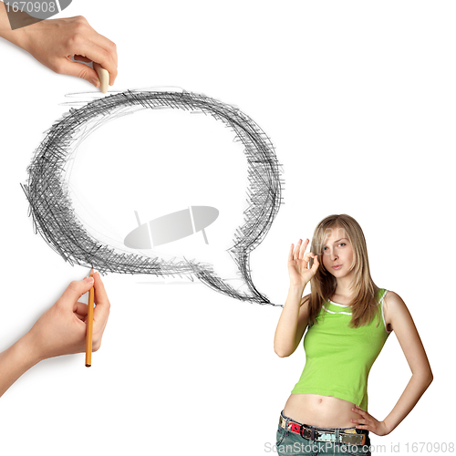 Image of human hands with speech bubble and woman