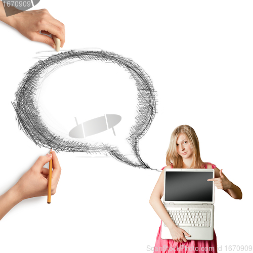 Image of human hands with speech bubble and woman