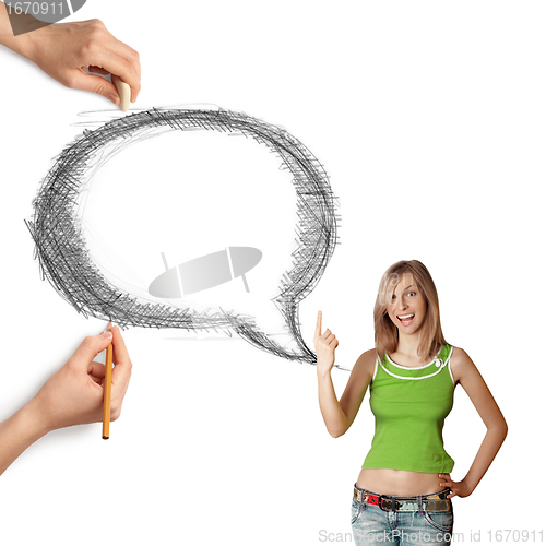 Image of human hands with speech bubble and woman