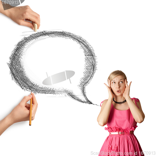 Image of human hands with speech bubble and woman