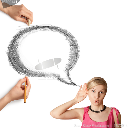 Image of human hands with speech bubble and woman