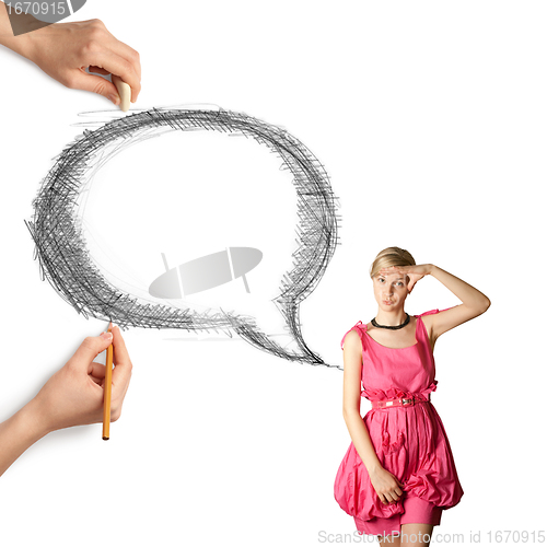 Image of human hands with speech bubble and woman