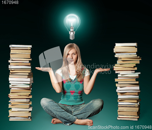 Image of woman in lotus pose with many books near and bulb