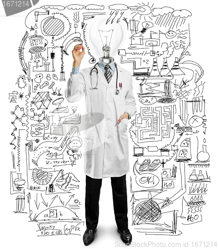 Image of lamp-head doctor male writing something 