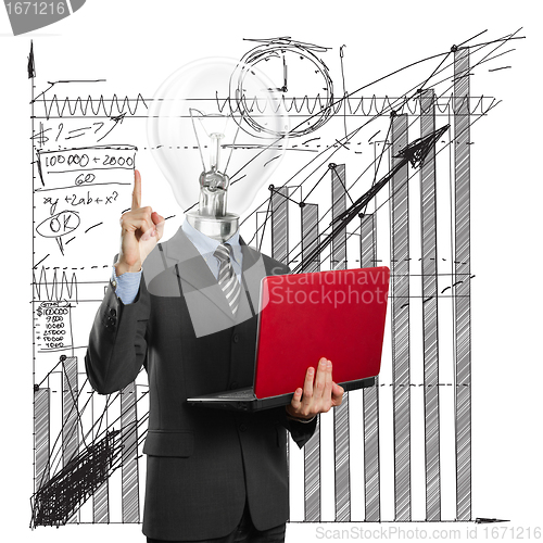 Image of lamp head businessman with laptop