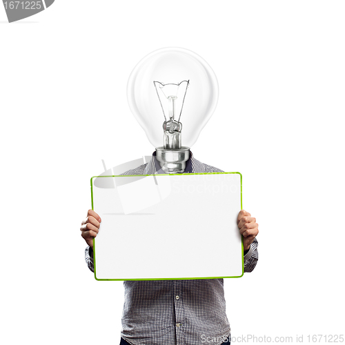 Image of lamp head businessman with empty write board