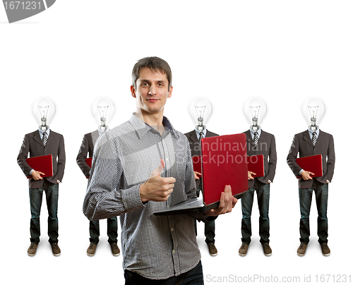 Image of lamp head businesspeople with laptop