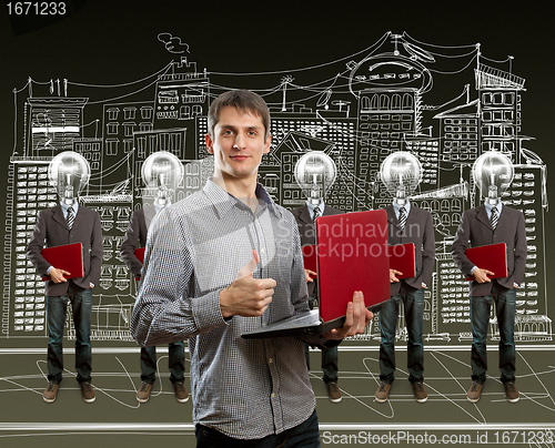 Image of lamp head businesspeople with laptop