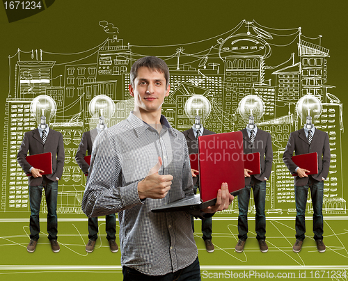 Image of lamp head businesspeople with laptop