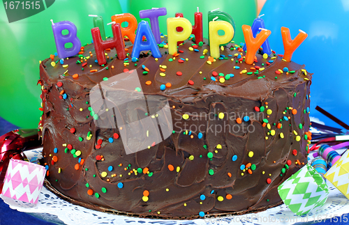 Image of Chocolate cake with Happy Birthday candles.  Selective focus on 