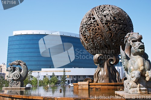 Image of Fountain and business building