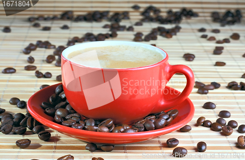 Image of Cup of coffee with roasted beans