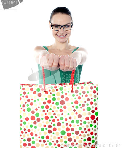 Image of Portrait of stunning young woman carrying shopping bags