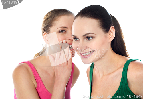 Image of Young beautiful girl whispering secret in her friends ear