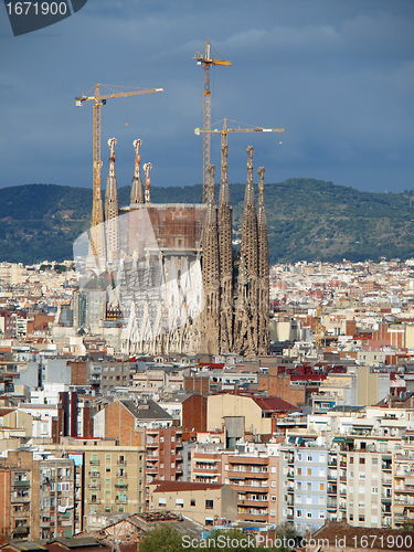 Image of view of Sagrada Familia and surrounding buildings of Barcelona