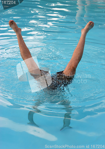 Image of Man does a handstand in a swimming pool
