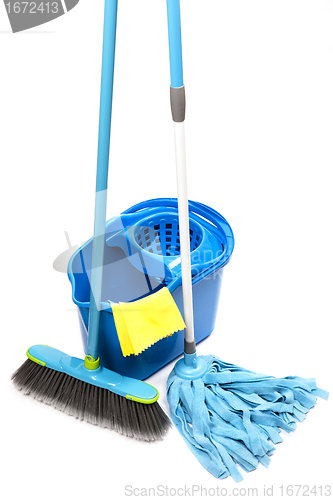 Image of bucket with mop,  brush and gloves