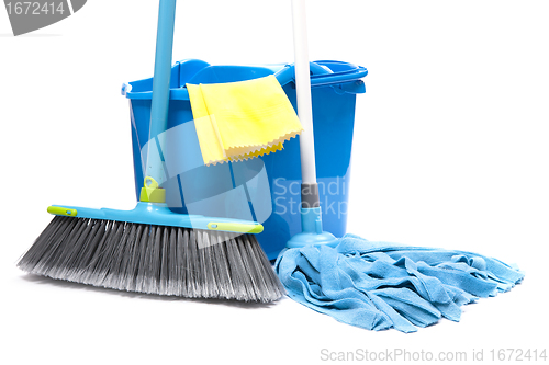 Image of bucket with mop,  brush and gloves