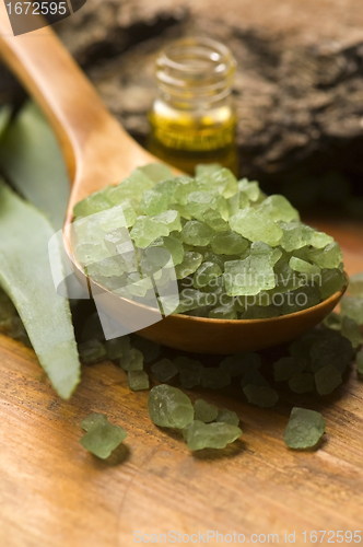 Image of Aloe vera with bath salt and massage oil