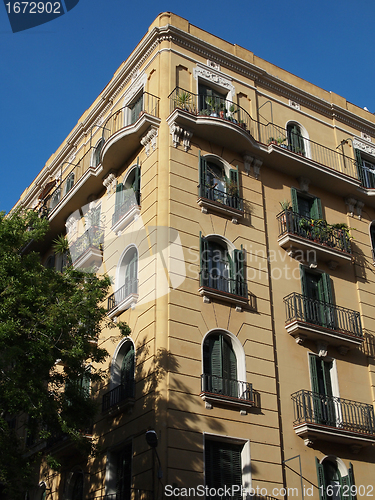 Image of Yellow building frontage, Barcelona center, Spain