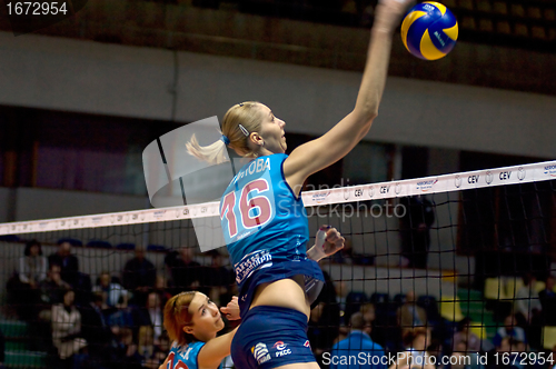 Image of Yulia Merkulova atack. Spiker of Dynamo Moscow team