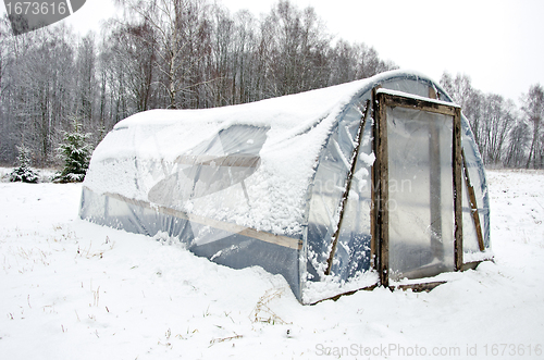 Image of wooden diy homemade greenhouse polythene snow 