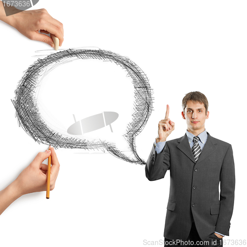 Image of human hands with speech bubble and man