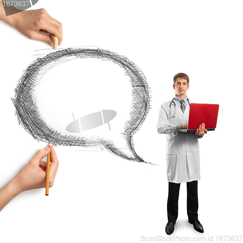 Image of human hands with speech bubble and man