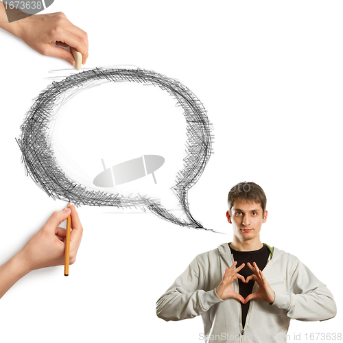 Image of human hands with speech bubble and man