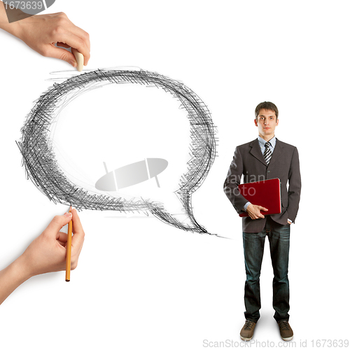 Image of human hands with speech bubble and man