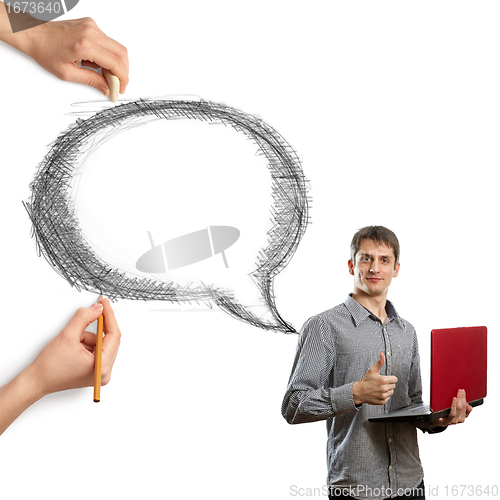 Image of human hands with speech bubble and man