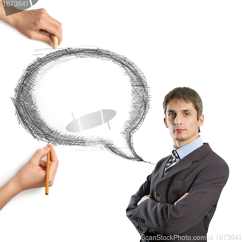 Image of human hands with speech bubble and man