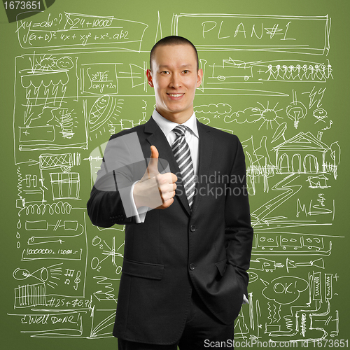 Image of asian businessman in black suit shows well done