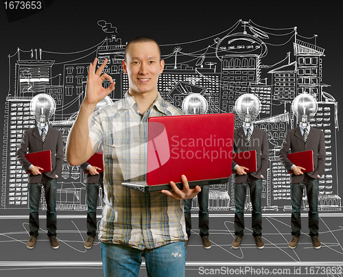 Image of lamp head businesspeople with laptop