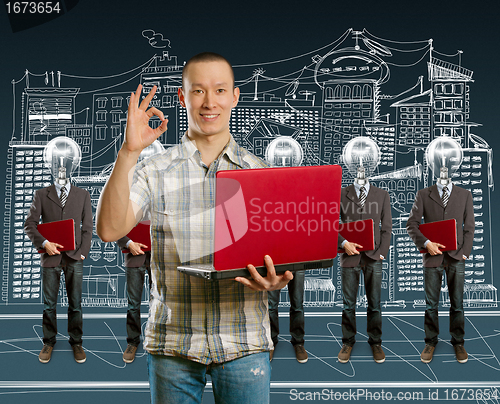 Image of lamp head businesspeople with laptop