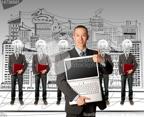 Image of lamp head businesspeople with laptop