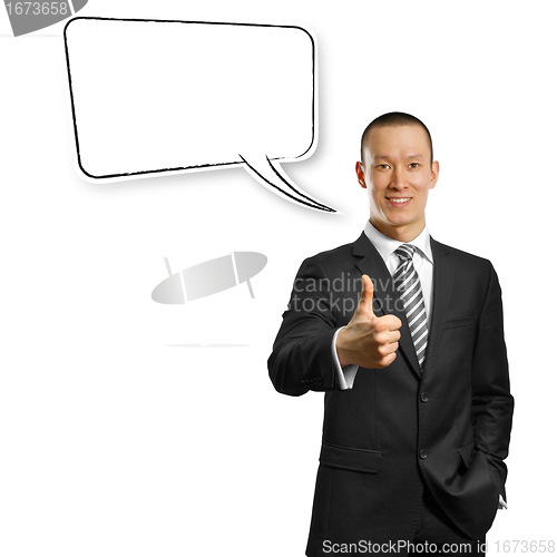 Image of asian male in suit with crossed hands and thought bubble