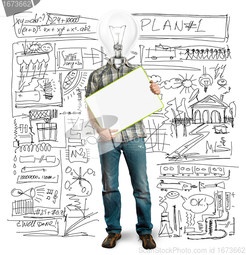 Image of lamp head businessman with empty write board