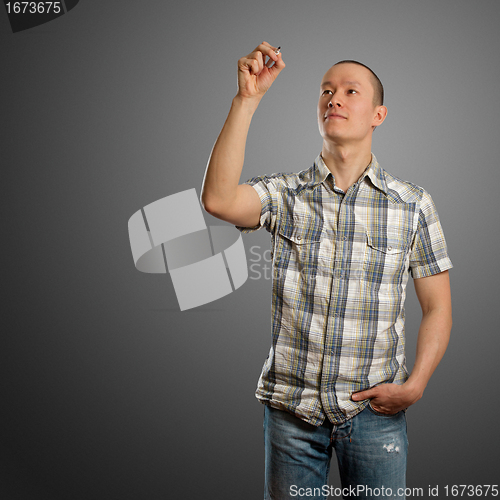 Image of asian male with sketch signs of dollar and euro