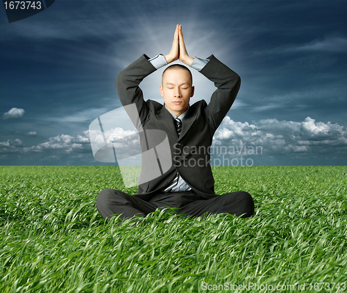 Image of businessman in lotus pose in green grass